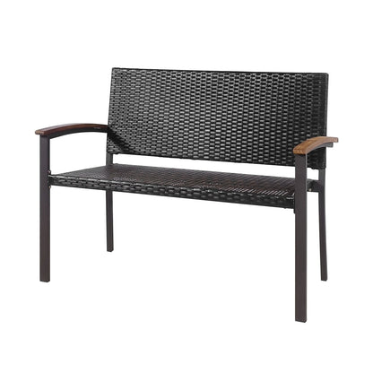 Patio Rattan Wicker Bench with Armrest for Garden