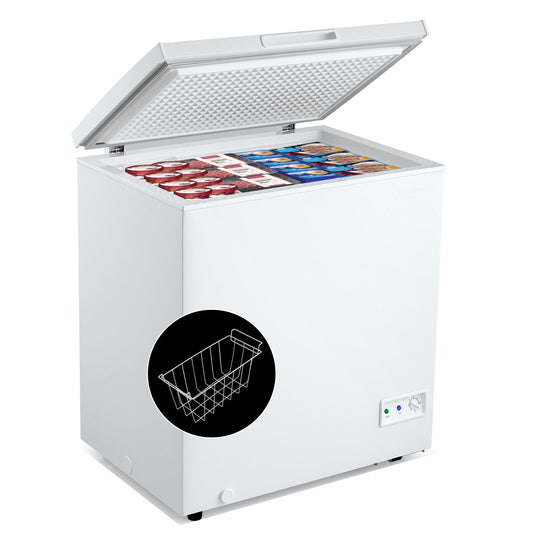 Compact 3.5 cu ft chest freezer by Wilsons Home Store with removable storage basket, ideal for kitchen refrigeration needs.