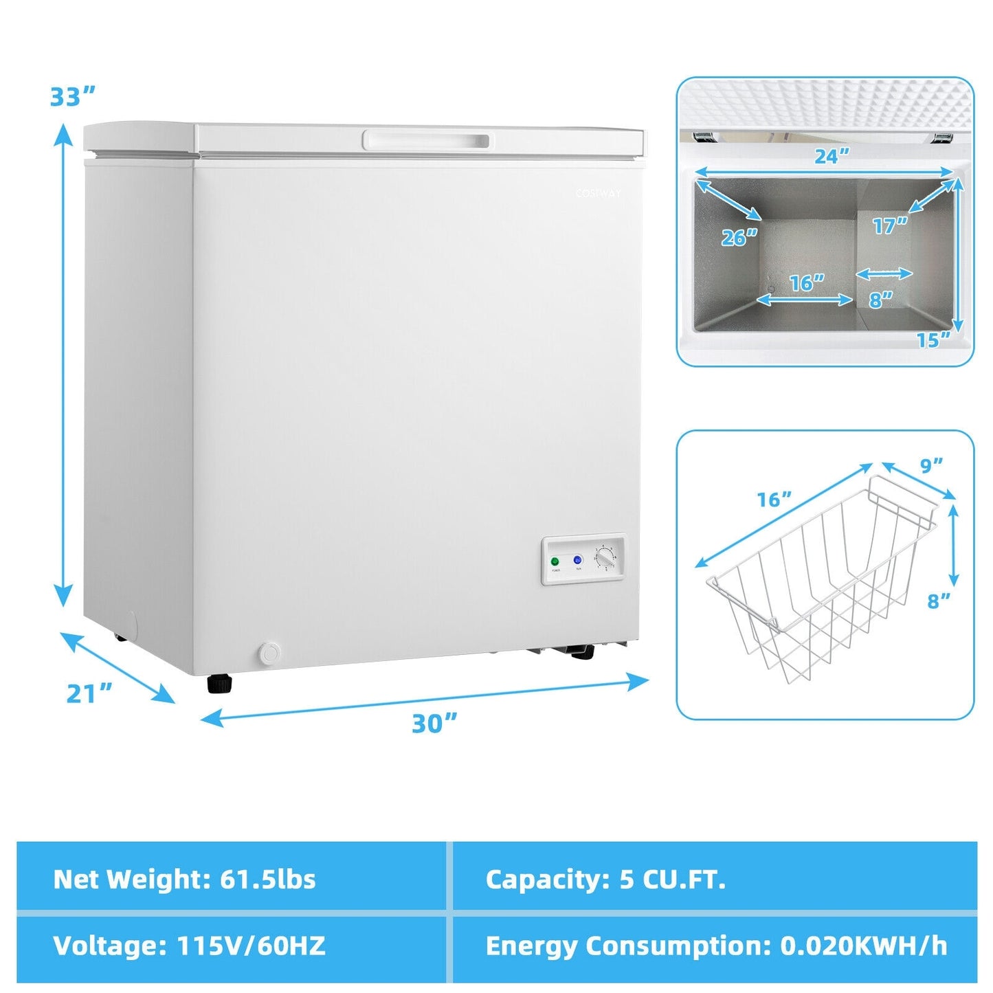 3.5/5 Cu.ft Compact Chest Freezer with Removable Storage Basket-5 Cubic Feet