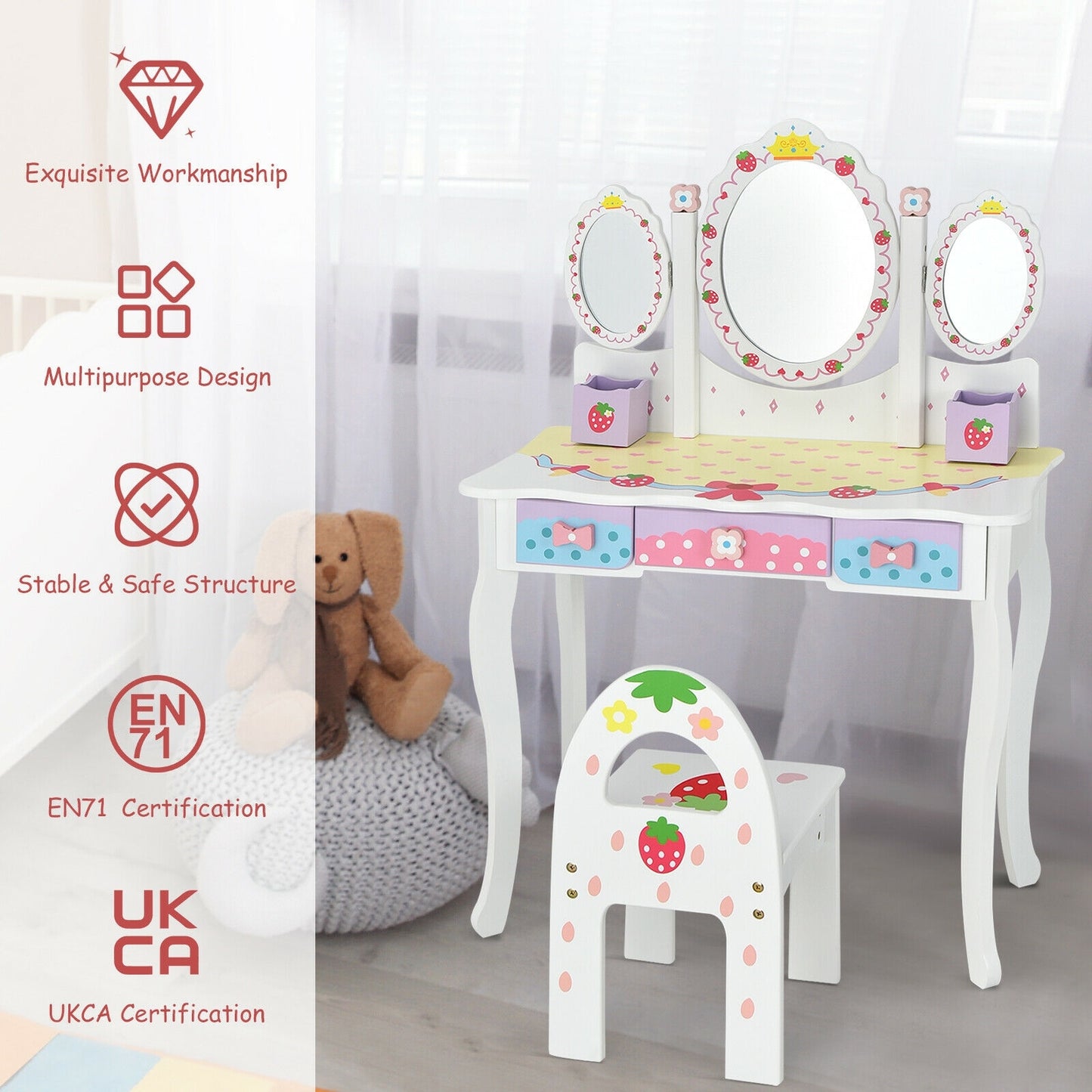 Kids Vanity Princess Makeup Dressing Table Chair Set with Tri-fold Mirror-White