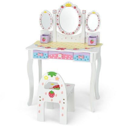 Kids Vanity Princess Makeup Dressing Table Chair Set with Tri-fold Mirror-White