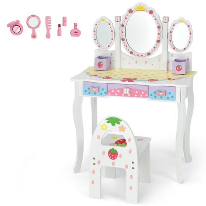 Kids Vanity Princess Makeup Dressing Table Chair Set with Tri-fold Mirror-White