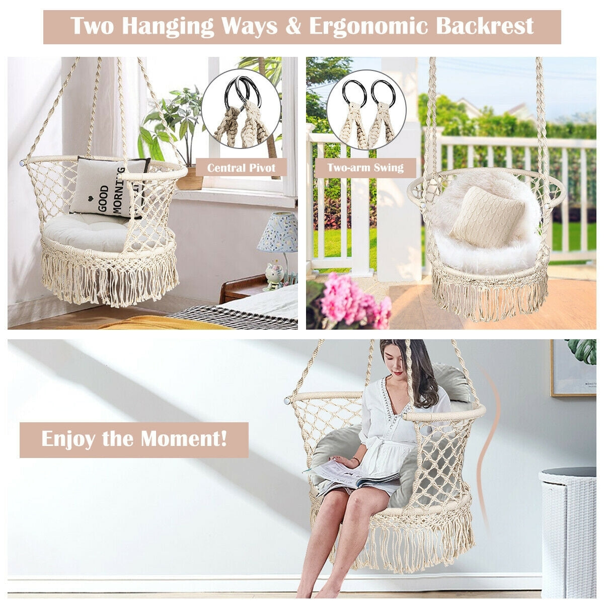 Hanging Hammock Chair Macrame Swing Hand Woven Cotton Backrest-Beige