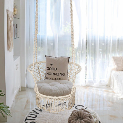 Hanging Hammock Chair Macrame Swing Hand Woven Cotton Backrest-Beige