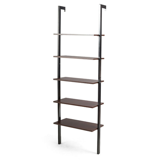5-Tier Wood Look Ladder Shelf with Metal Frame for Home-Brown