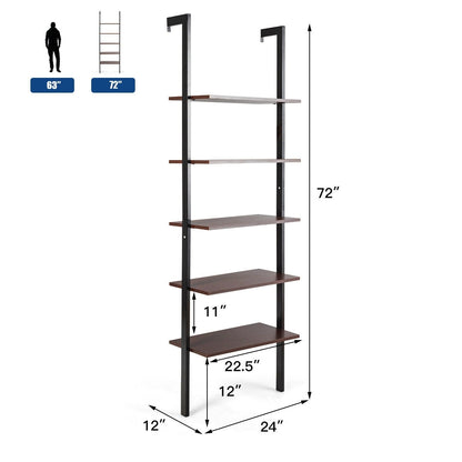 5-Tier Wood Look Ladder Shelf with Metal Frame for Home-Brown