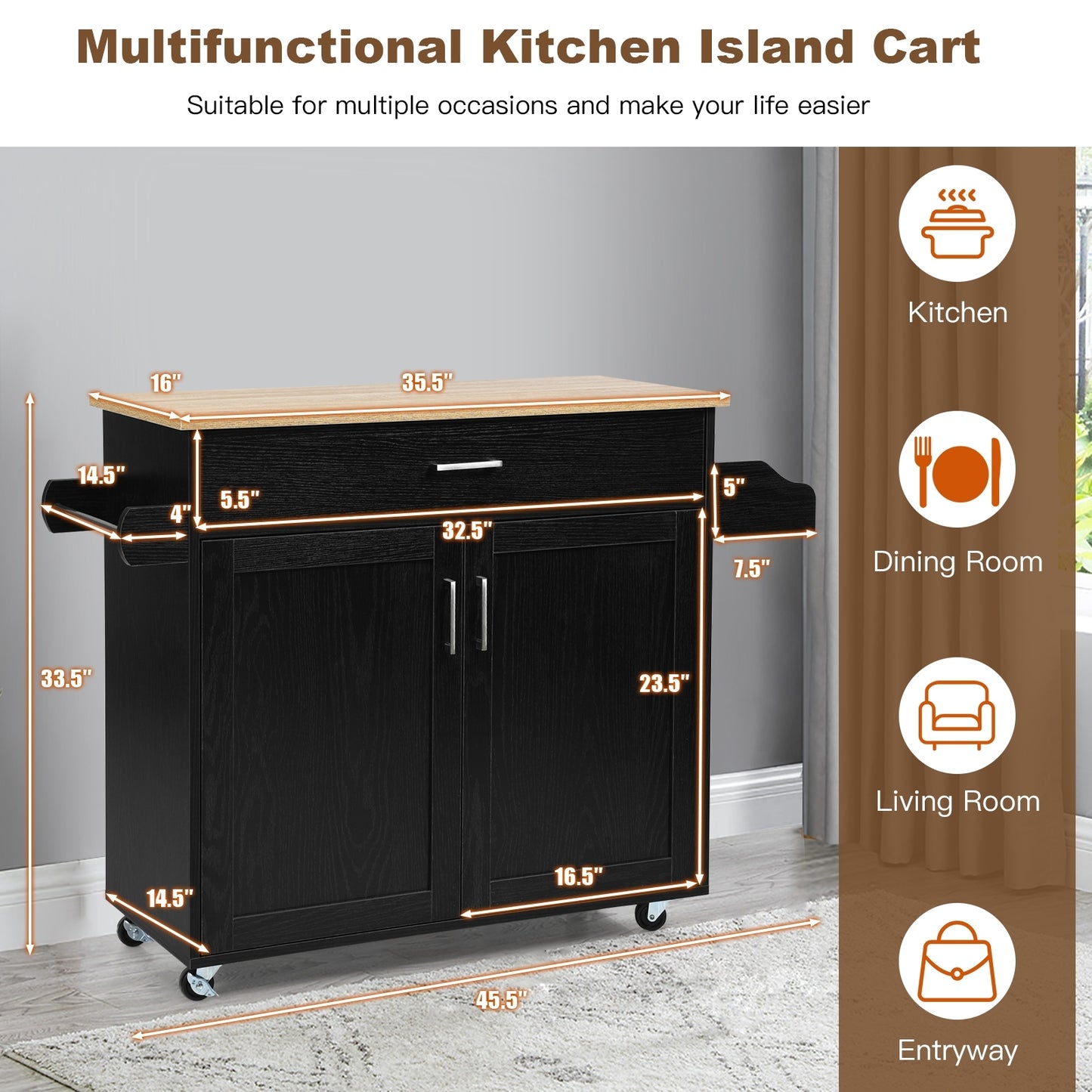 Rolling Kitchen Island Cart with Towel and Spice Rack-Black