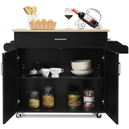 Rolling Kitchen Island Cart with Towel and Spice Rack-Black