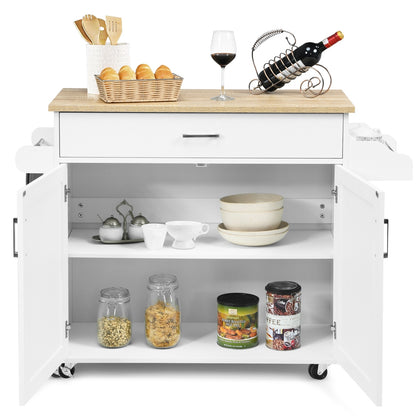 Rolling Kitchen Island Cart with Towel and Spice Rack-White