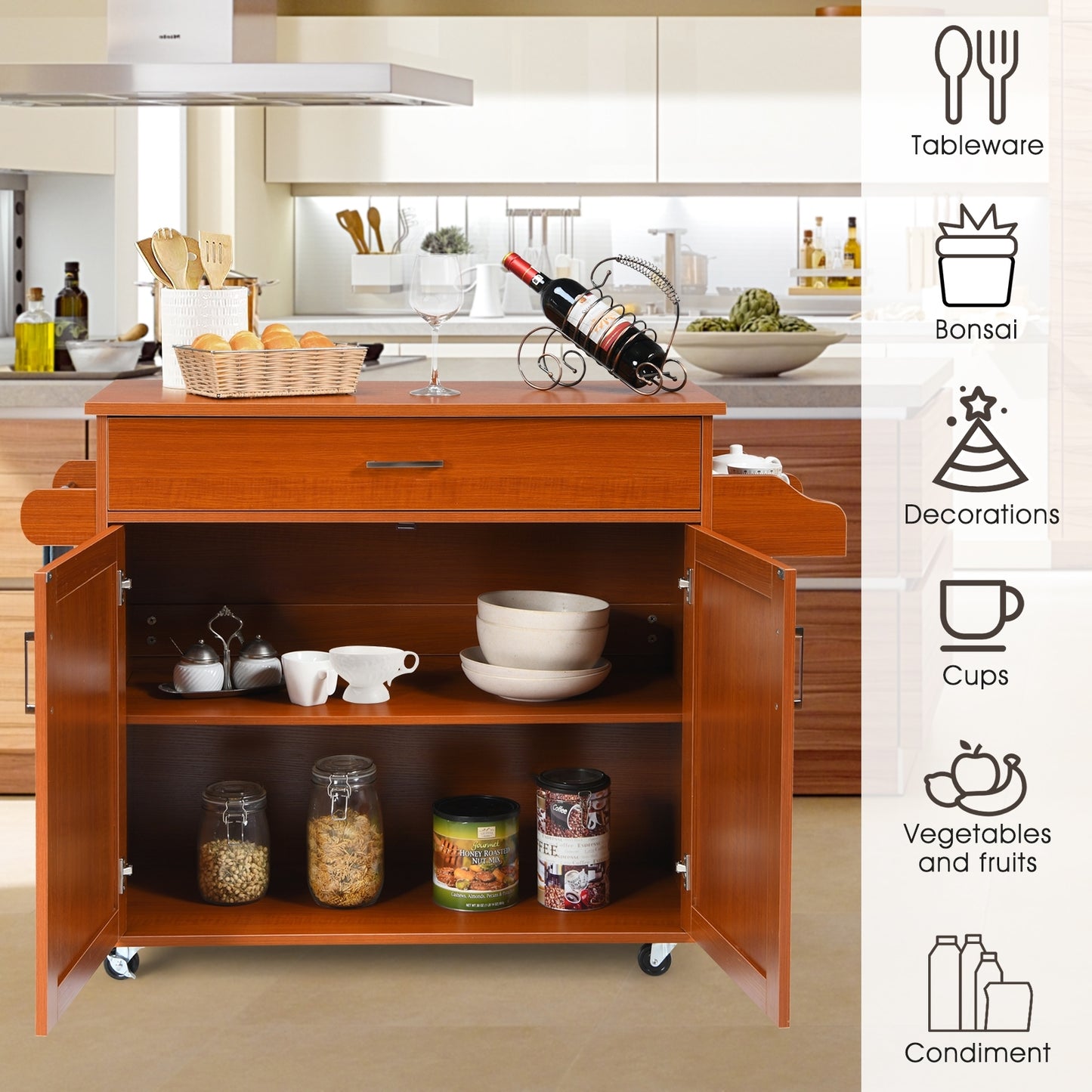 Rolling Kitchen Island Cart with Towel and Spice Rack-Orange