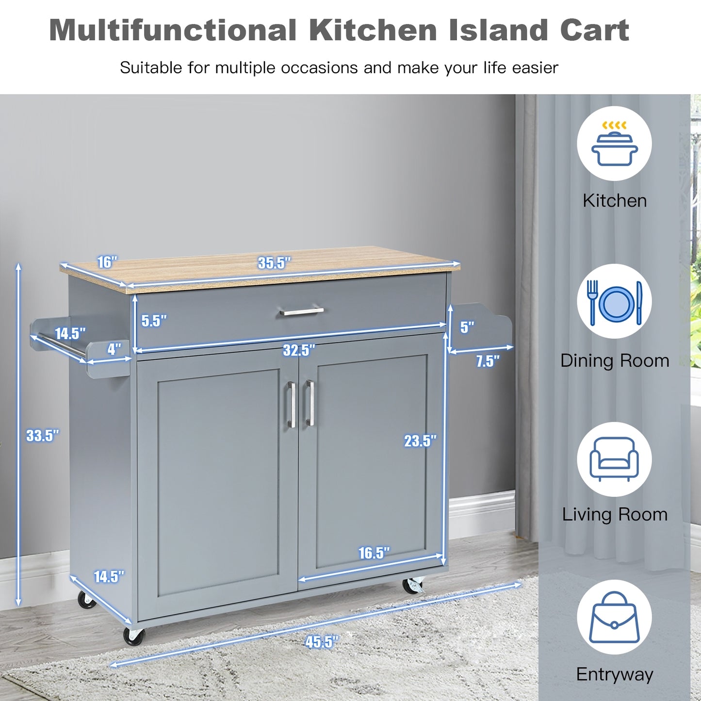 Rolling Kitchen Island Cart with Towel and Spice Rack-Gray