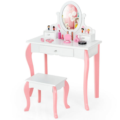 Kids Vanity Princess Makeup Dressing Table Stool Set with Mirror and Drawer-Pink
