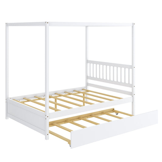 Full Size Canopy Bed with Trundle Wooden Platform Bed Frame Headboard-White