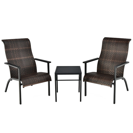 3 Pieces Patio Rattan Bistro Set with High Backrest and Armrest-Brown