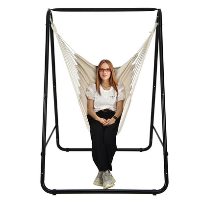 Hanging Padded Hammock Chair with Stand and Heavy Duty Steel-Beige