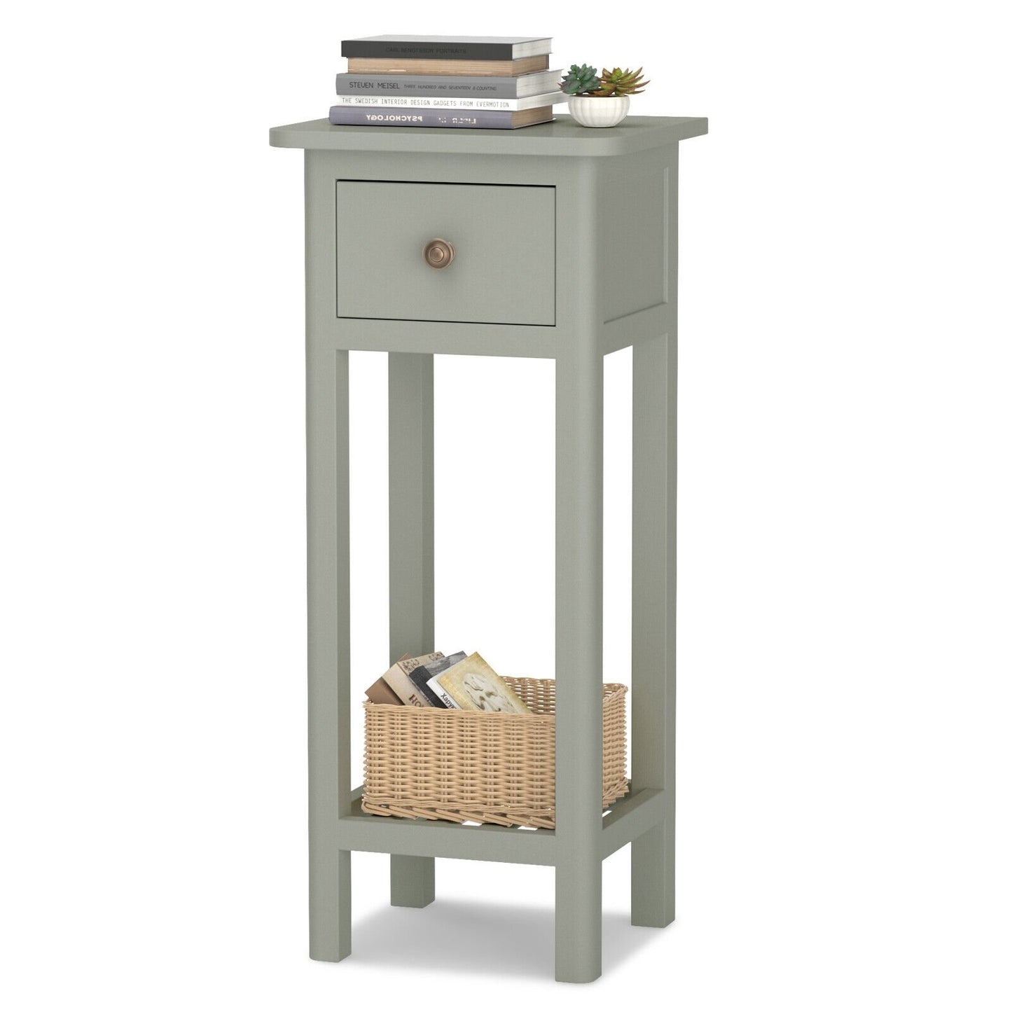 2 Tier Slim Nightstand Bedside Table with Drawer Shelf-Black
