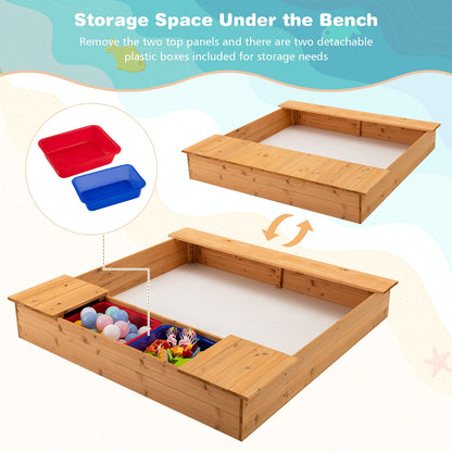 Kids Wooden Sandbox with Bench Seats and Storage Boxes