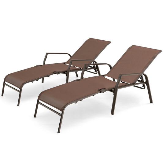 2 Pieces Patio Folding Chaise Lounge Chair Set with Adjustable Back-Brown