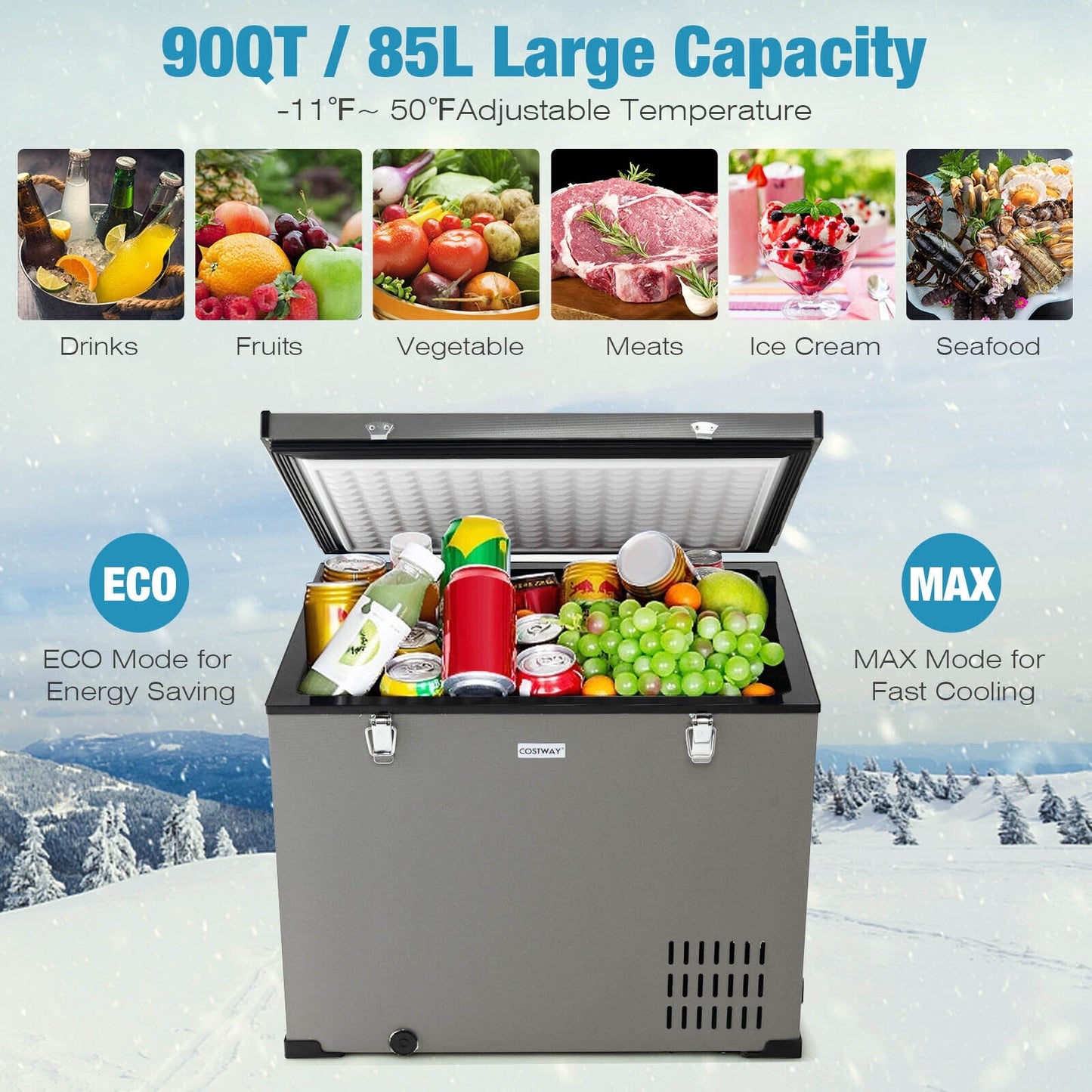 90 QT Portable Car Refrigerator Freezer with Compressor-Gray