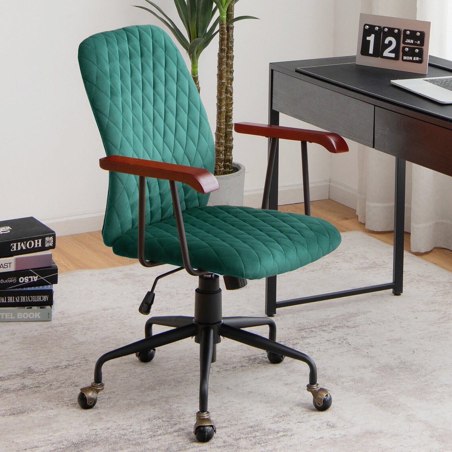 Velvet Home Office Chair with Wooden Armrest-Beige