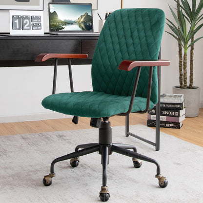 Velvet Home Office Chair with Wooden Armrest-Green