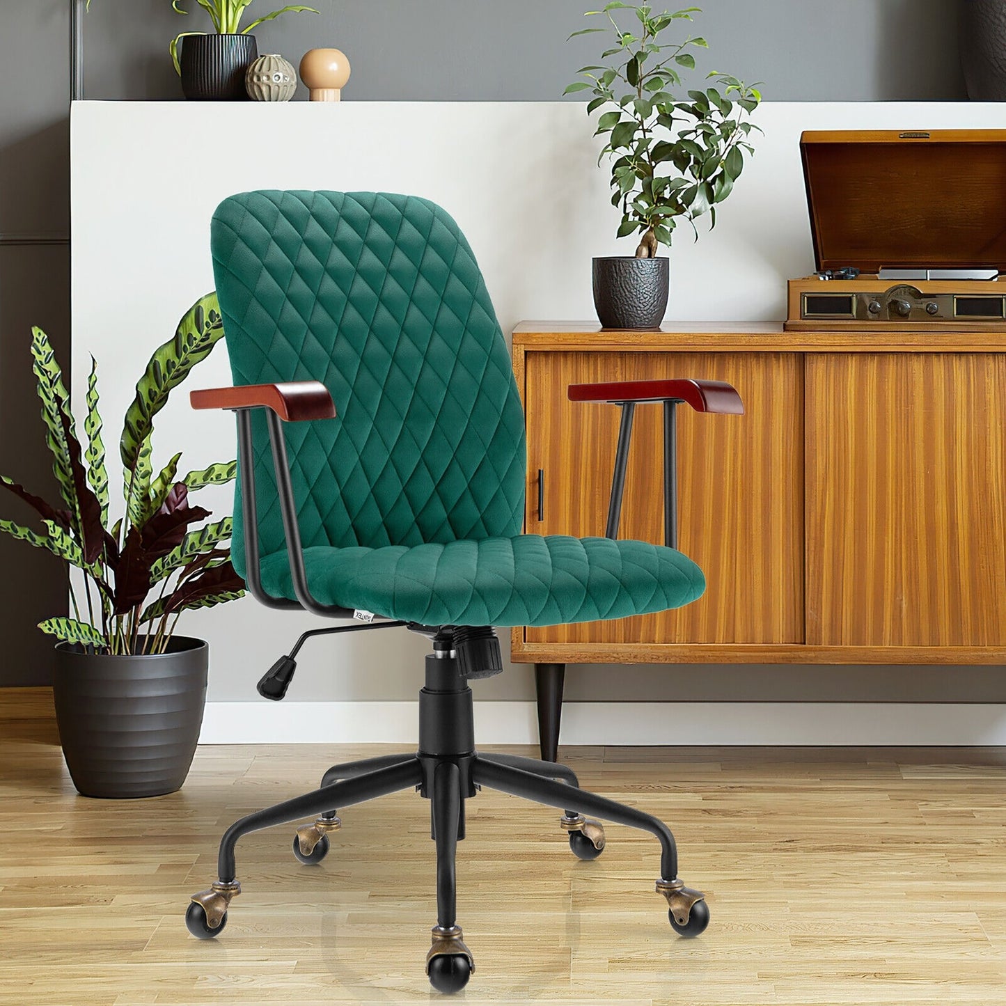 Velvet Home Office Chair with Wooden Armrest-Beige