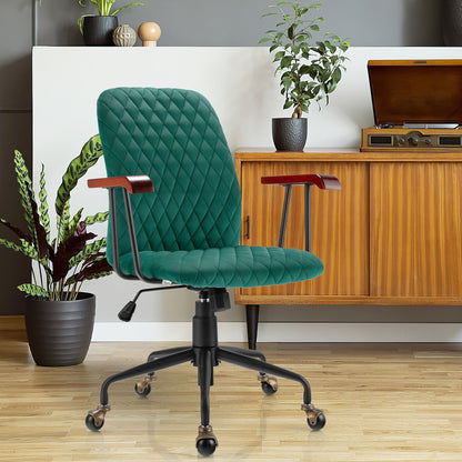 Velvet Home Office Chair with Wooden Armrest-Beige