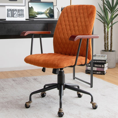 Velvet Home Office Chair with Wooden Armrest Orange