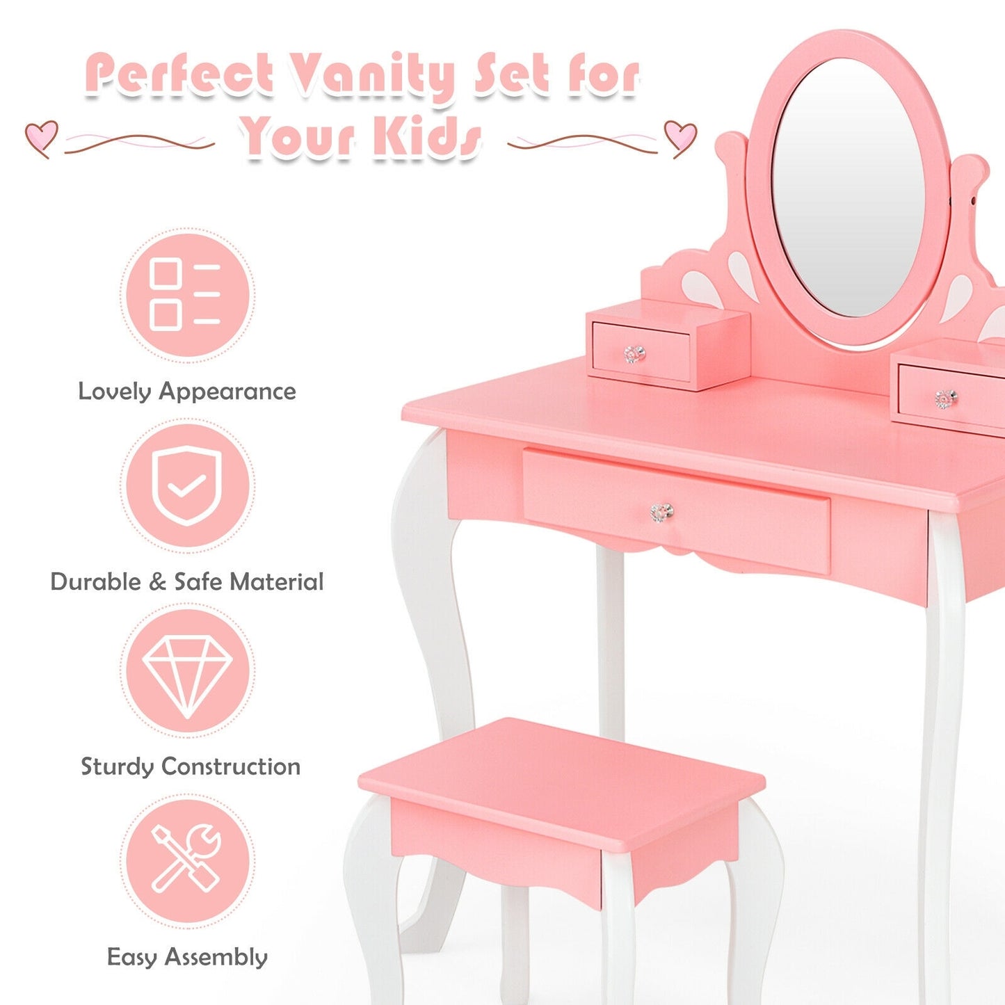 Kids Vanity Princess Makeup Dressing Table Stool Set with Mirror and Drawer-Pink