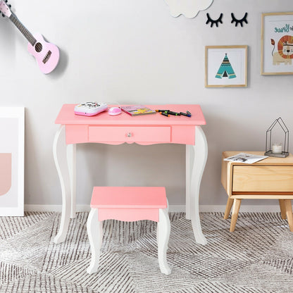 Kids Vanity Princess Makeup Dressing Table Stool Set with Mirror and Drawer-Pink