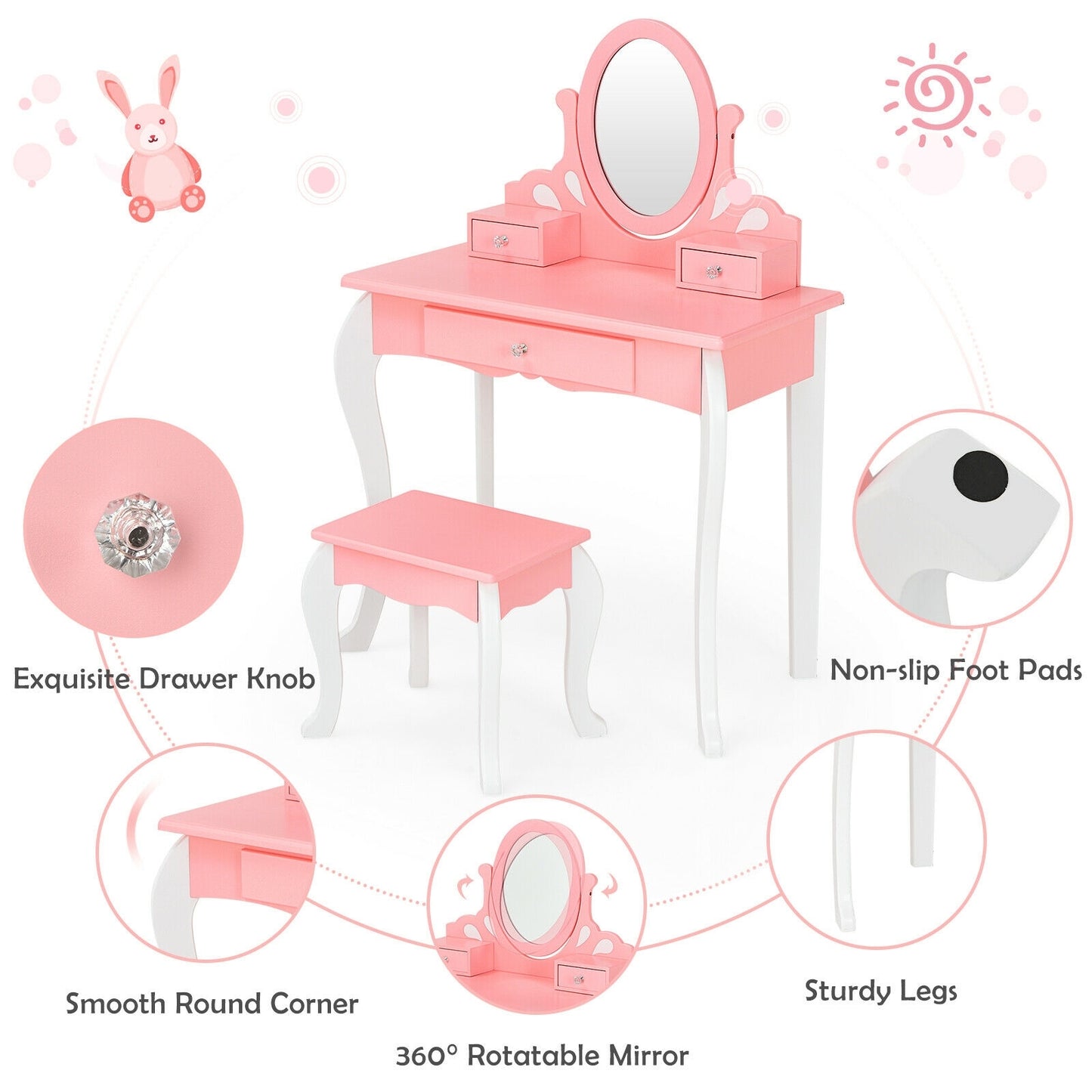 Kids Vanity Princess Makeup Dressing Table Stool Set with Mirror and Drawer-Pink