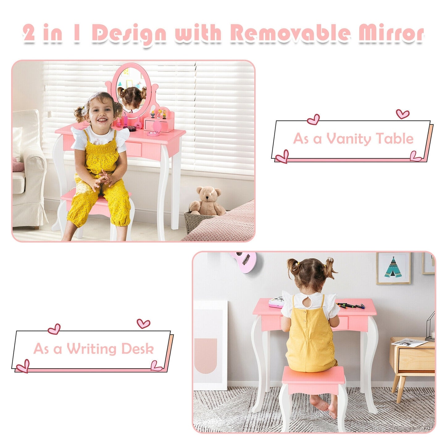 Kids Vanity Princess Makeup Dressing Table Stool Set with Mirror and Drawer-Pink