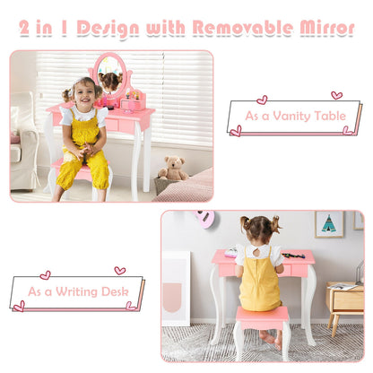 Kids Vanity Princess Makeup Dressing Table Stool Set with Mirror and Drawer-Pink