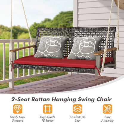 2-Person Rattan Hanging Porch Swing Chair-Red