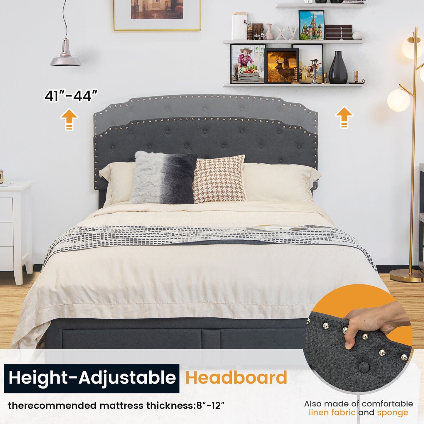 Queen Size Platform Bed Frame with Adjustable Headboard and 4 Storage Drawers