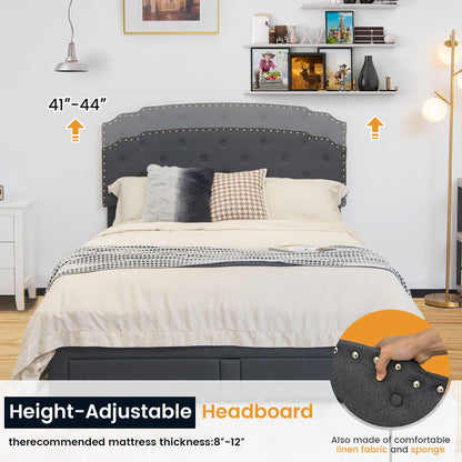 Queen Size Platform Bed Frame with Adjustable Headboard and 4 Storage Drawers