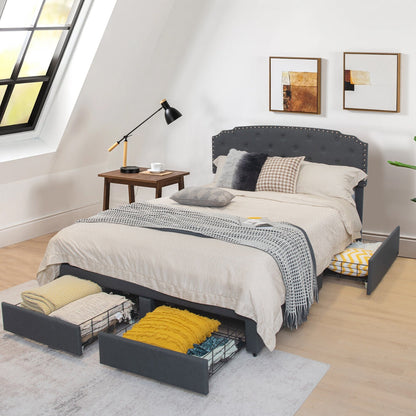 Platform Bed Frame with 4 Storage Drawers Adjustable Headboard