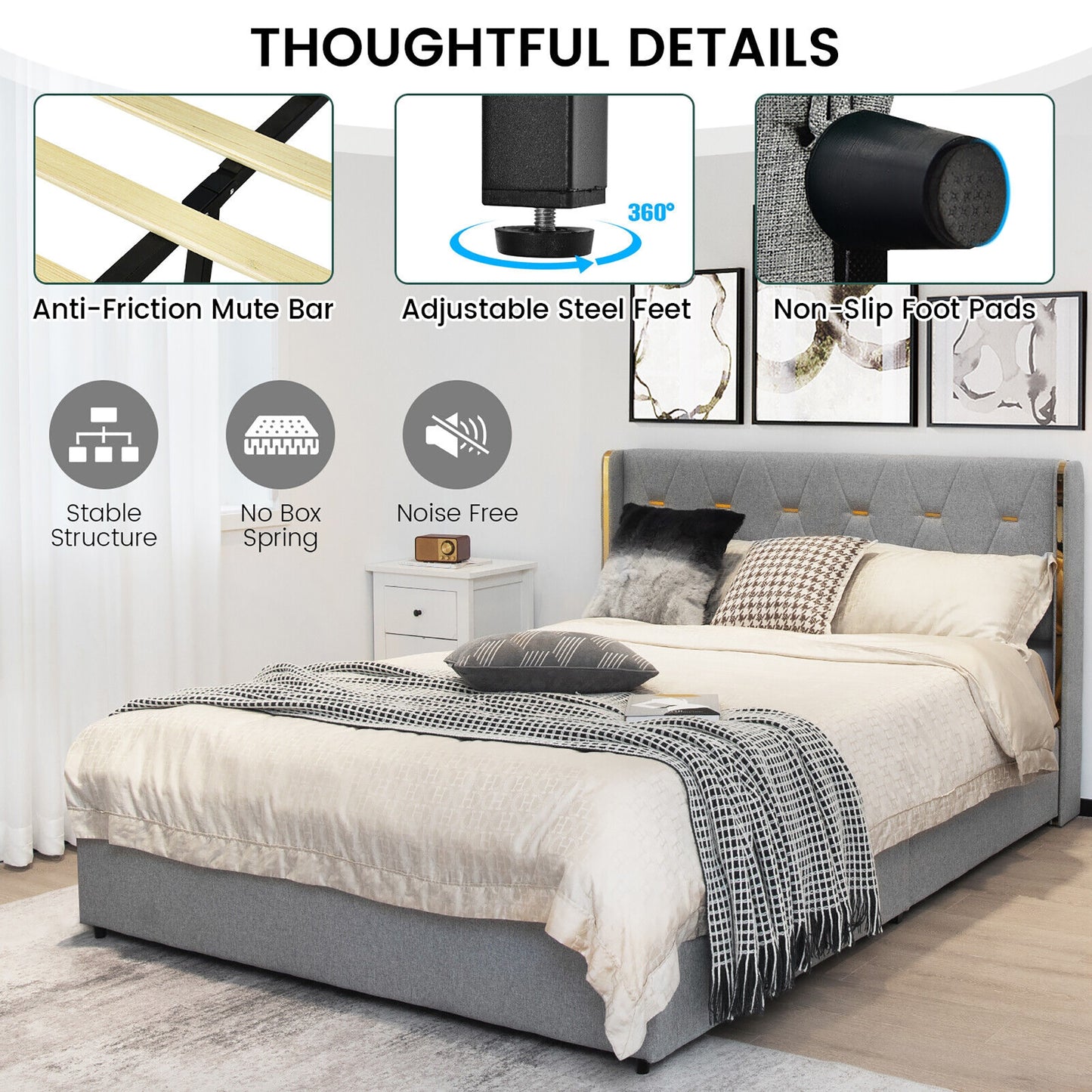 Full/Queen Size Upholstered Bed Frame with 4 Drawers-Silver-Full Size