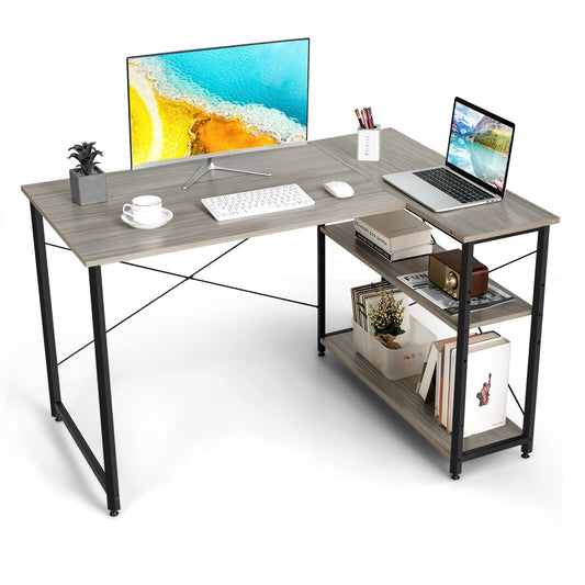 48 Inch Reversible L Shaped Computer Desk with Adjustable Shelf-Gray
