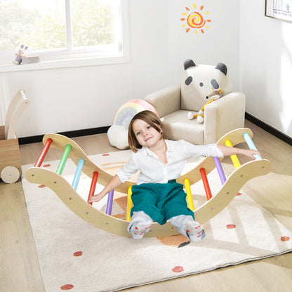 3-in-1 Kids Climber Set Wooden Arch Triangle Rocker with Ramp and Mat