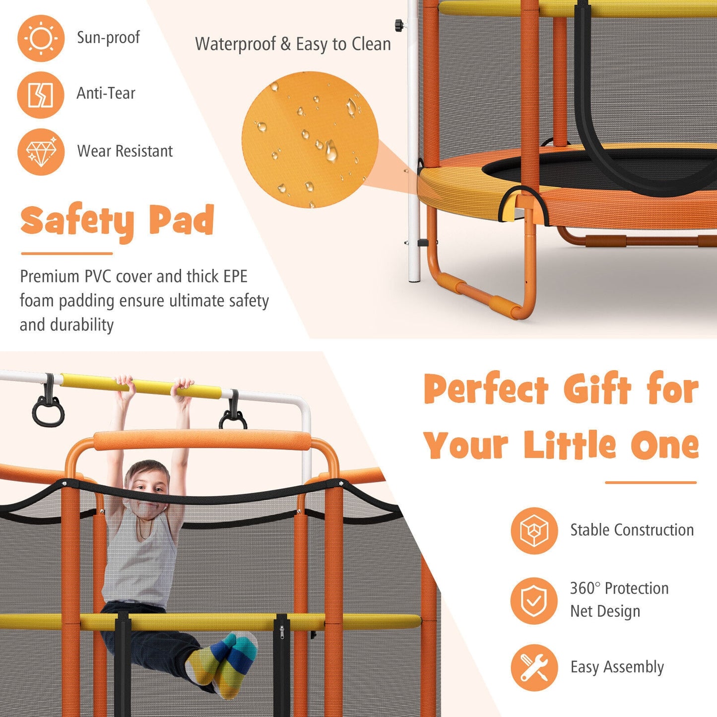 5 Feet Kids 3-in-1 Game Trampoline with Enclosure Net Spring Pad-Orange