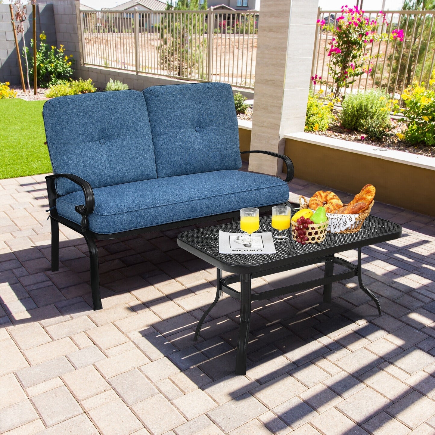 2 Pieces Patio Loveseat Bench Table Furniture Set with Cushioned Chair-Beige