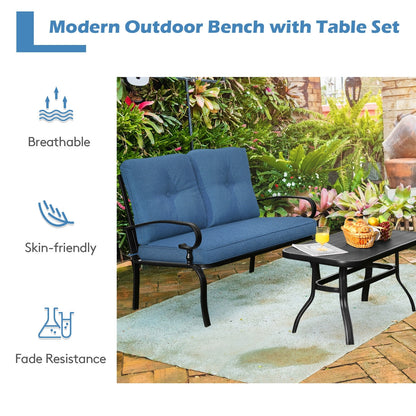 2 Pieces Patio Loveseat Bench Table Furniture Set with Cushioned Chair-Beige