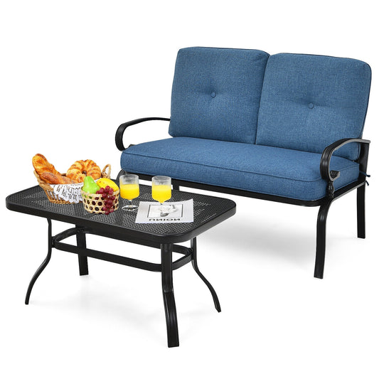 2 Pieces Patio Loveseat Bench Table Furniture Set with Cushioned Chair-Blue