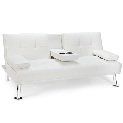 Convertible Folding Leather Futon Sofa with Cup Holders and Armrests-Black