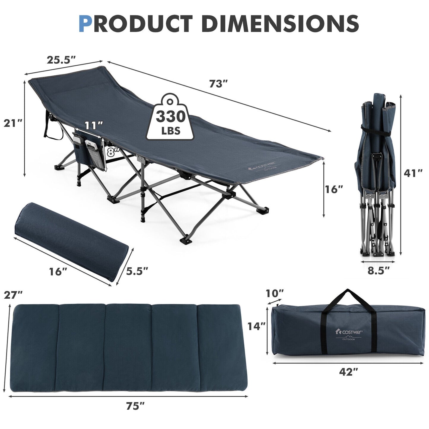 Folding Retractable Travel Camping Cot with Mattress and Carry Bag-Blue