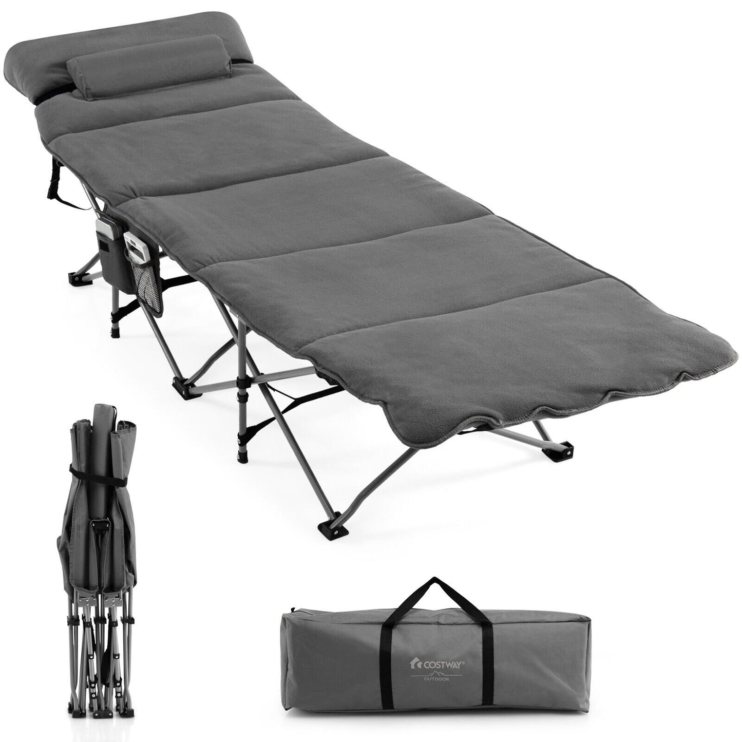 Folding Retractable Travel Camping Cot with Mattress and Carry Bag-Gray