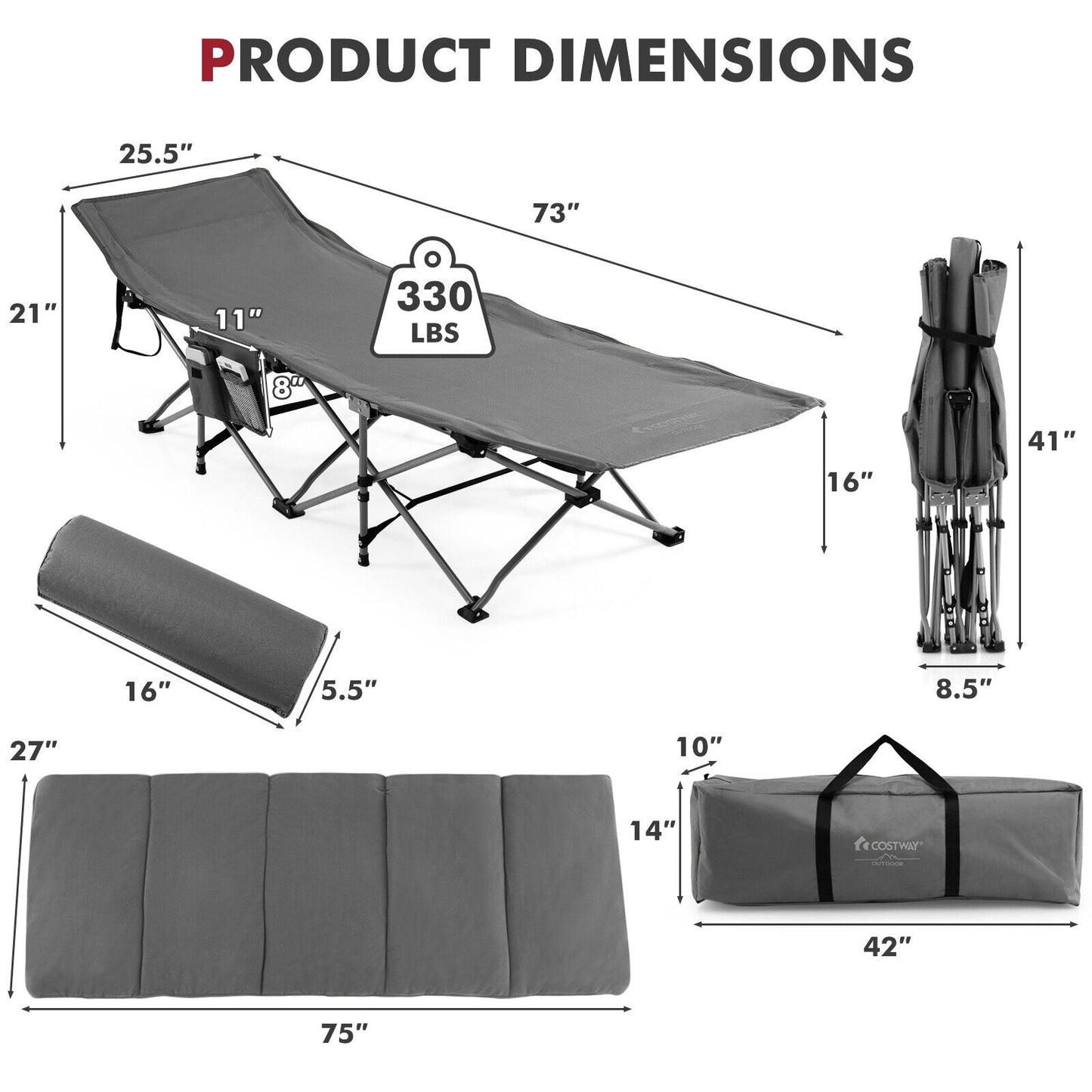 Folding Retractable Travel Camping Cot with Mattress and Carry Bag-Gray