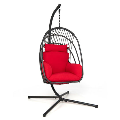 Hanging Folding Egg Chair with Stand Soft Cushion Pillow Swing Hammock-Red