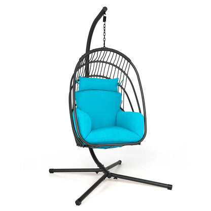 Hanging Folding Egg Chair with Stand Soft Cushion Pillow Swing Hammock-Turquoise